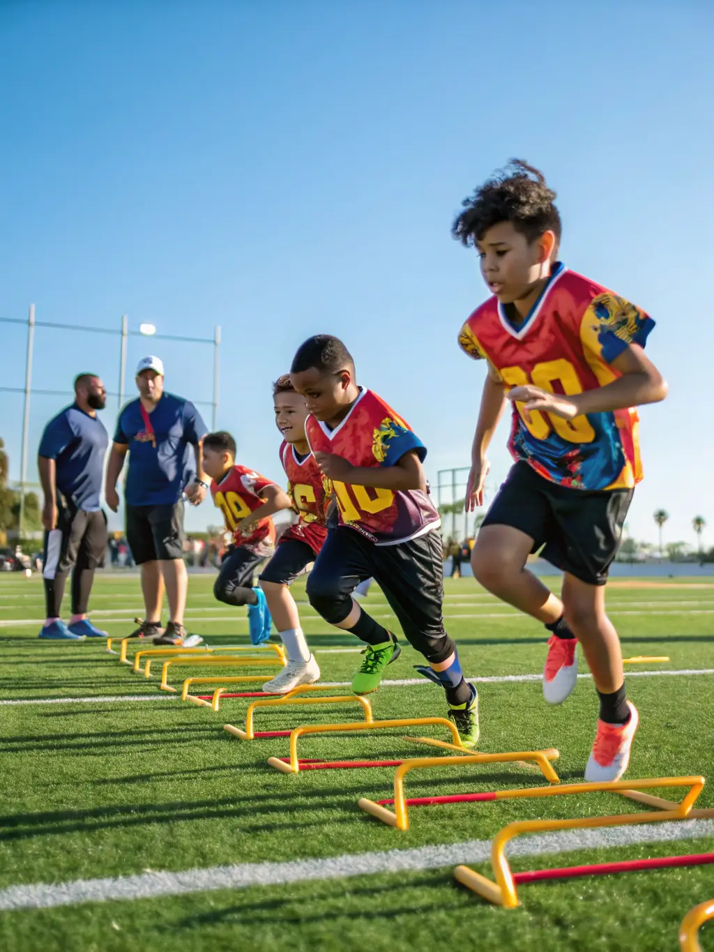 A group of children participating in a soccer clinic, wearing sports uniforms and smiling, with a coach instructing them in a sunny field, representing the youth sports program.