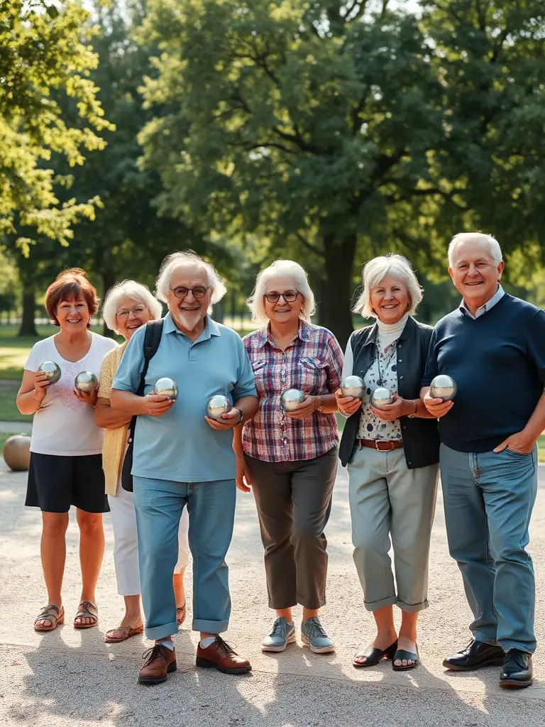 A group of seniors playing pétanque in a park, laughing and enjoying the game, representing the recreational activities for seniors.