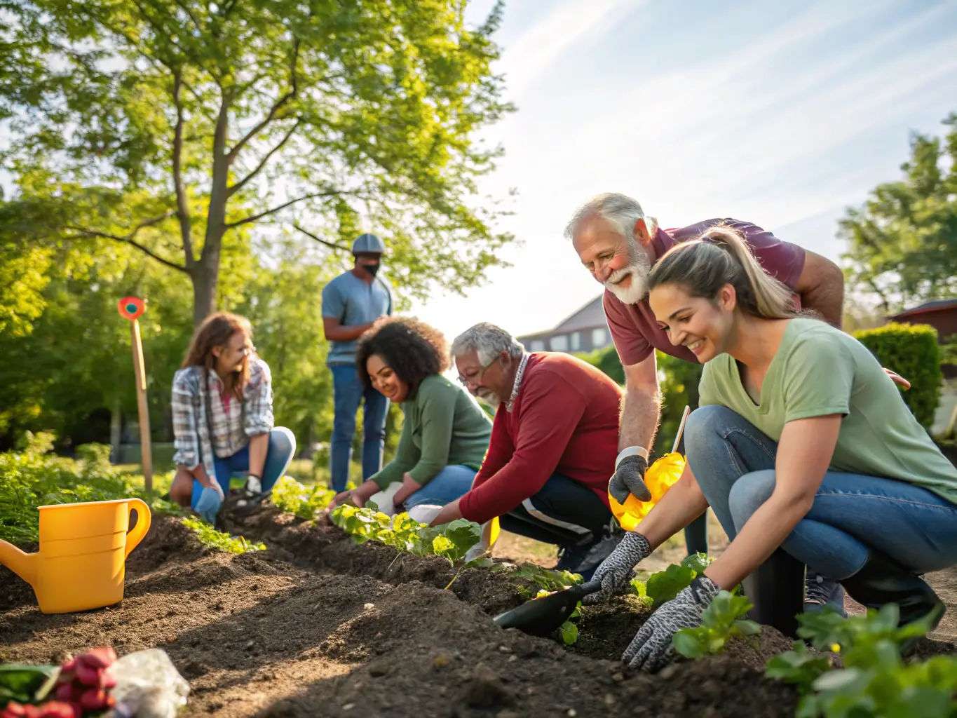 A group of local residents participating in a community gardening project, planting vegetables and flowers together in a raised garden bed, symbolizing community engagement and sustainable living.
