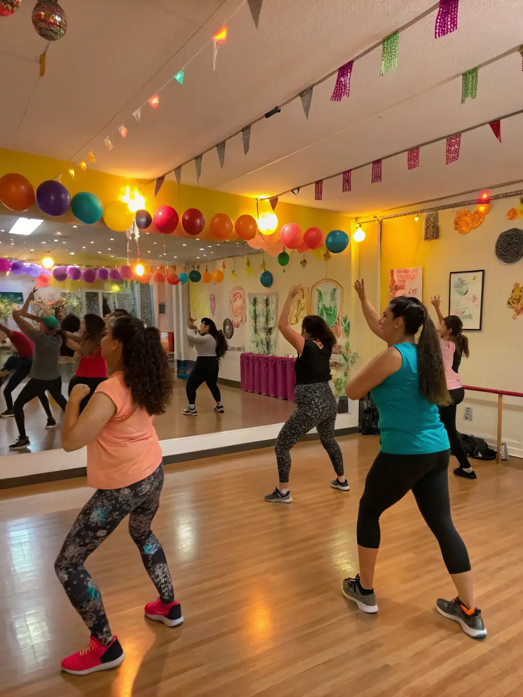 A diverse group of adults participating in a Zumba class in a community hall, with an instructor leading the dance moves, showcasing the fitness and wellness activities.