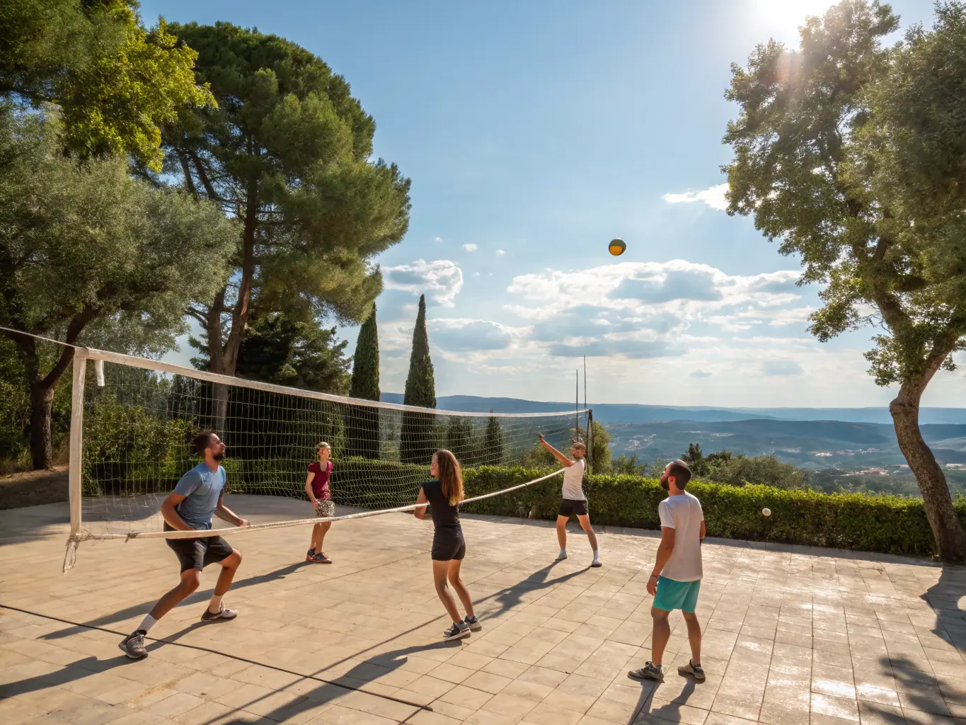 A diverse group of people participating in a recreational sports activity, such as volleyball or basketball, in a local park, showcasing the organization's commitment to promoting physical activity and community interaction.