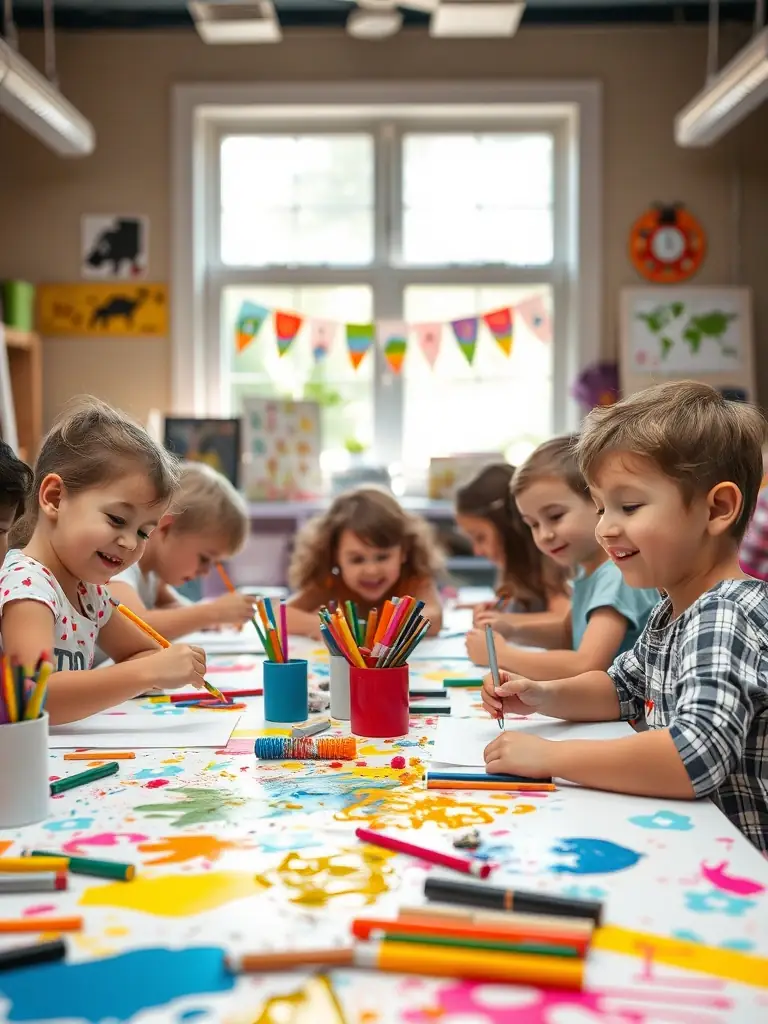 A vibrant image depicting a group of children participating in an arts and crafts session at the Foyer Rural, showcasing creativity and community interaction.
