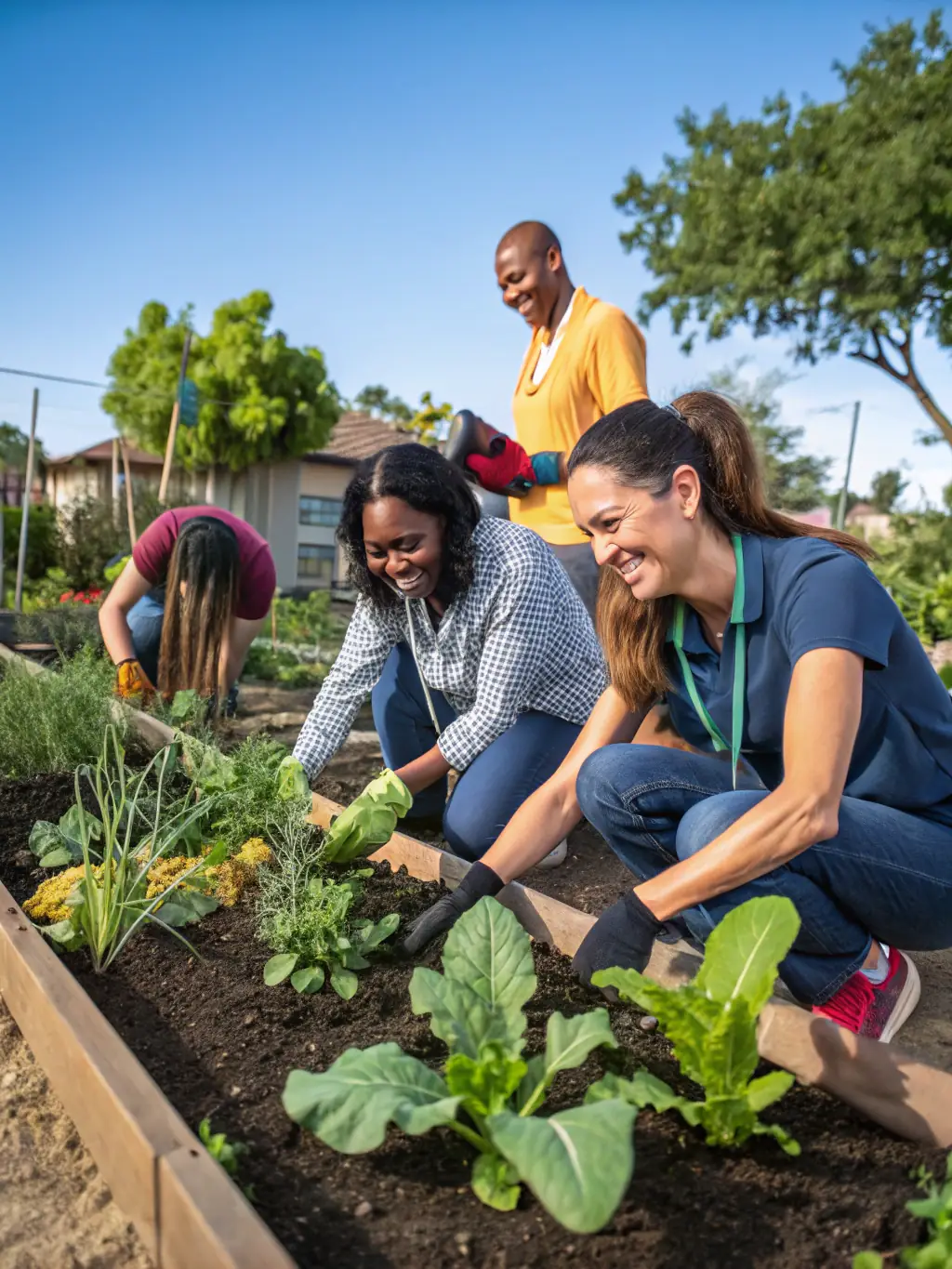 Volunteers planting flowers in a community garden, working together to beautify the neighborhood, symbolizing the community-building initiatives.